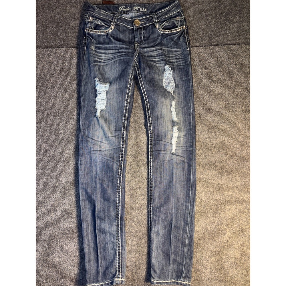 Twelve K Rusa Skinny Jeans Women Sz 7 Blue Denim Distressed Studded Thick Stitch
